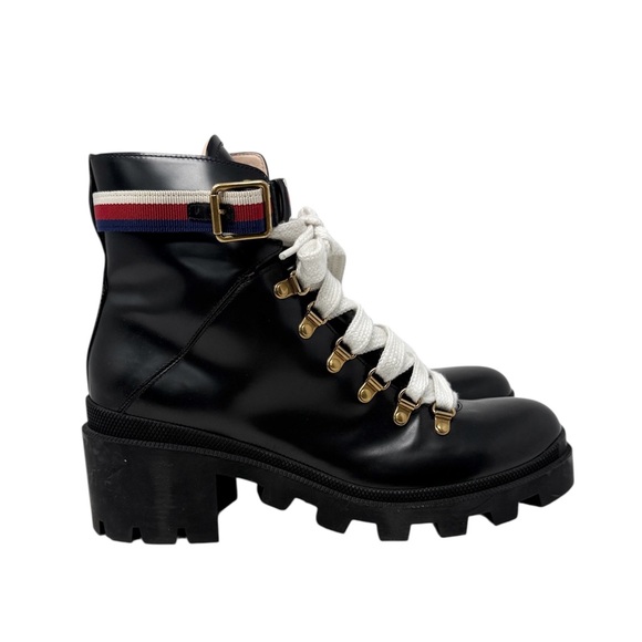 Gucci Trip Sylvie Lug Sole Leather Combat Chelsea Boots Black Size 41 - Picture 1 of 9